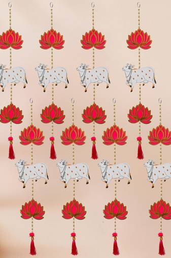 Pack of 8 lotus, cow, beads, tassel decorative hanging for diwali decor