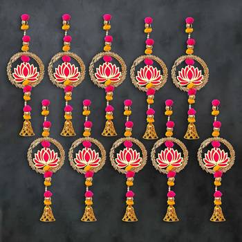 Pack of 10 lotus in golden rings with pom pom, bell hangings toran 1
