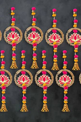 Pack of 10 lotus in golden rings with pom pom, bell hangings toran
