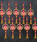 Pack of 10 lotus in golden rings with pom pom, bell hangings toran