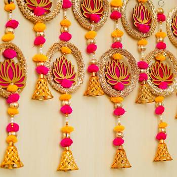 Pack of 10 lotus in golden rings with pom pom, bell hangings toran 2