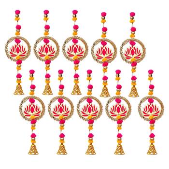 Pack of 10 lotus in golden rings with pom pom, bell hangings toran 3