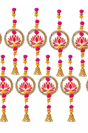Pack of 10 lotus in golden rings with pom pom, bell hangings toran