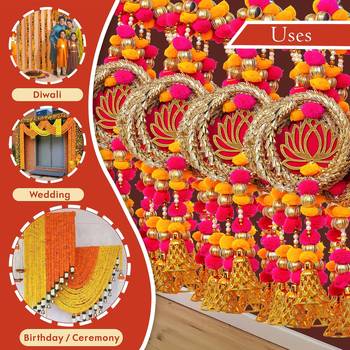 Pack of 10 lotus in golden rings with pom pom, bell hangings toran 4