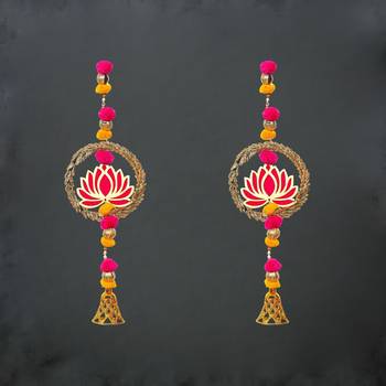 Pack of 2 lotus in golden rings with pom pom, bell hangings toran 1
