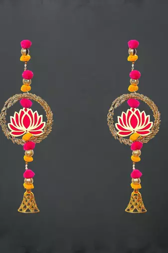 Pack of 2 lotus in golden rings with pom pom, bell hangings toran