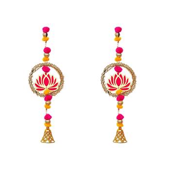 Pack of 2 lotus in golden rings with pom pom, bell hangings toran 2
