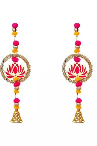 Pack of 2 lotus in golden rings with pom pom, bell hangings toran