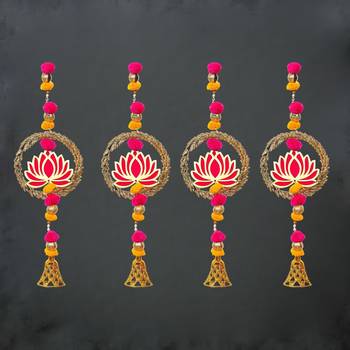 Pack of 4 lotus in golden rings with pom pom, bell hangings toran 1