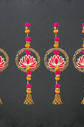 Pack of 4 lotus in golden rings with pom pom, bell hangings toran