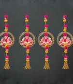 Pack of 4 lotus in golden rings with pom pom, bell hangings toran