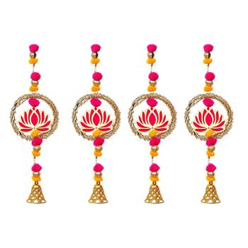 Pack of 4 lotus in golden rings with pom pom, bell hangings toran 2