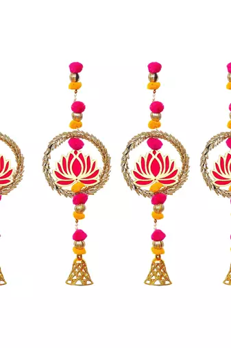 Pack of 4 lotus in golden rings with pom pom, bell hangings toran