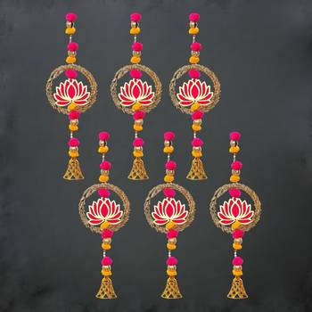 Pack of 6 lotus in golden rings with pom pom, bell hangings toran 1