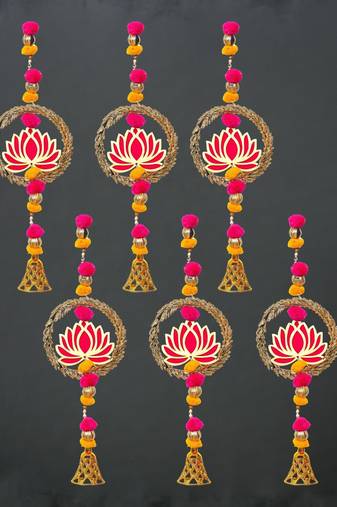 Pack of 6 lotus in golden rings with pom pom, bell hangings toran