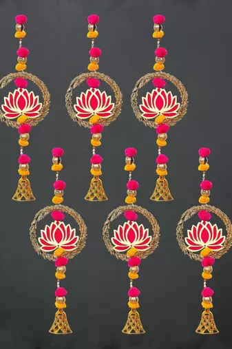 Pack of 6 lotus in golden rings with pom pom, bell hangings toran