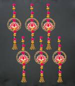 Pack of 6 lotus in golden rings with pom pom, bell hangings toran
