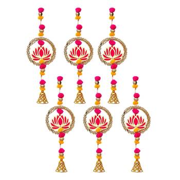 Pack of 6 lotus in golden rings with pom pom, bell hangings toran 2