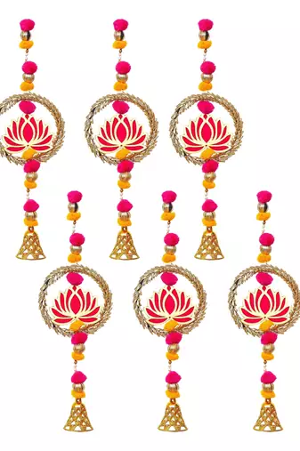 Pack of 6 lotus in golden rings with pom pom, bell hangings toran