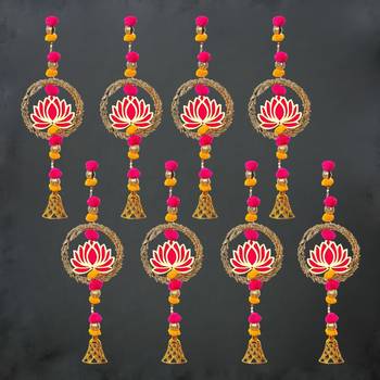Pack of 8 lotus in golden rings with pom pom, bell hangings toran 1