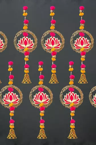 Pack of 8 lotus in golden rings with pom pom, bell hangings toran