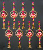 Pack of 8 lotus in golden rings with pom pom, bell hangings toran