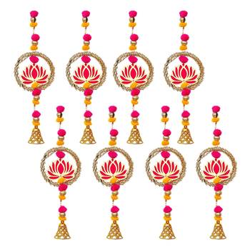 Pack of 8 lotus in golden rings with pom pom, bell hangings toran 2