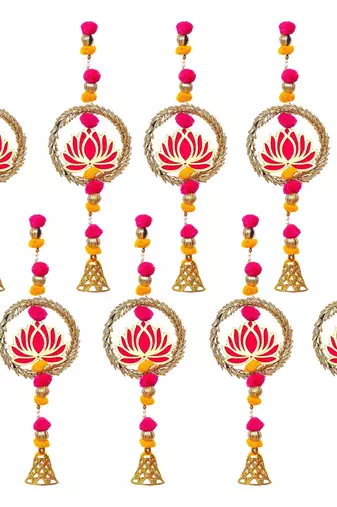 Pack of 8 lotus in golden rings with pom pom, bell hangings toran