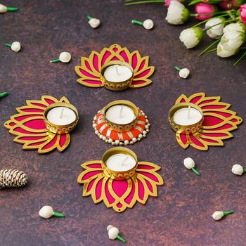Set of 5 golden pink wooden cut out lotus flower rangoli tea light holders 1