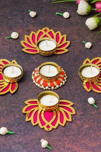 Set of 5 golden pink wooden cut out lotus flower rangoli tea light holders