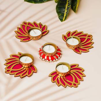 Set of 5 golden pink wooden cut out lotus flower rangoli tea light holders 2