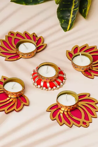 Set of 5 golden pink wooden cut out lotus flower rangoli tea light holders