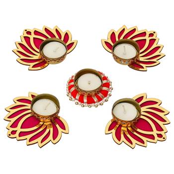 Set of 5 golden pink wooden cut out lotus flower rangoli tea light holders 3