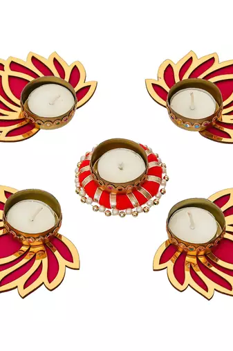 Set of 5 golden pink wooden cut out lotus flower rangoli tea light holders