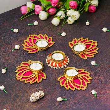 Set of 5 golden pink wooden cut out lotus flower rangoli tea light holders 4