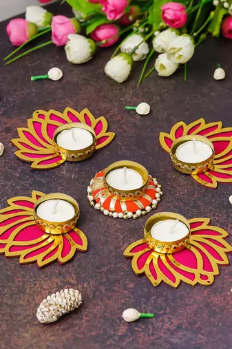 Set of 5 golden pink wooden cut out lotus flower rangoli tea light holders