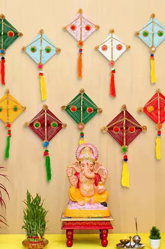 Pack of 10 multicolor woollen kite hanging decoration