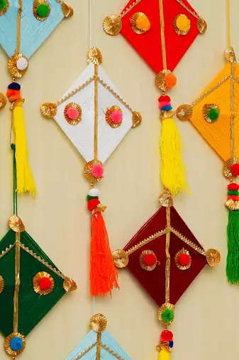 Pack of 10 multicolor woollen kite hanging decoration
