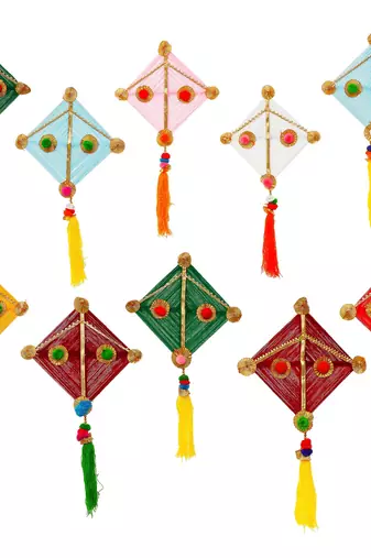 Pack of 10 multicolor woollen kite hanging decoration