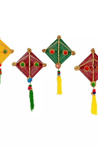 Pack of 4 multicolor woollen kite hanging decoration