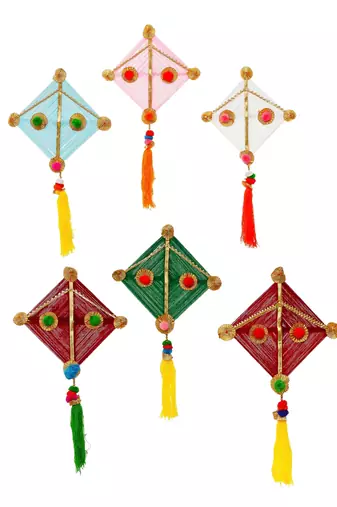 Pack of 6 multicolor woollen kite hanging decoration