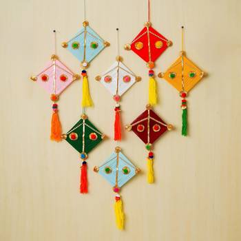 Pack of 8 multicolor woollen kite hanging decoration 1