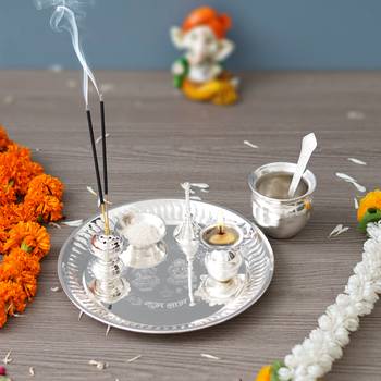 One silver pooja thali set with diya, ghanti, kalash, spoon, agarbatti stand, bowl 1
