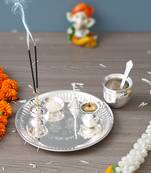 One silver pooja thali set with diya, ghanti, kalash, spoon, agarbatti stand, bowl