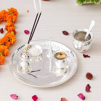 One silver pooja thali set with diya, ghanti, kalash, spoon, agarbatti stand, bowl 2