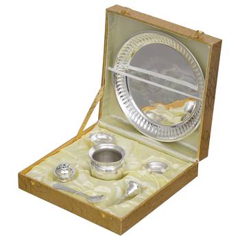One silver pooja thali set with diya, ghanti, kalash, spoon, agarbatti stand, bowl 3