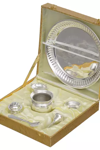 One silver pooja thali set with diya, ghanti, kalash, spoon, agarbatti stand, bowl