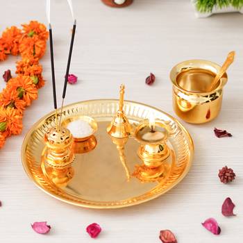 One golden pooja thali set with diya, ghanti, kalash, spoon, agarbatti stand, bowl 1