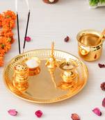 One golden pooja thali set with diya, ghanti, kalash, spoon, agarbatti stand, bowl