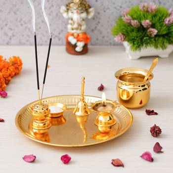 One golden pooja thali set with diya, ghanti, kalash, spoon, agarbatti stand, bowl 2